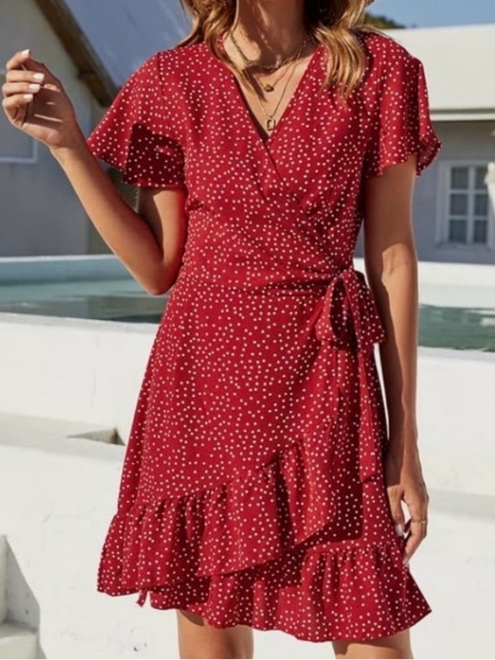 Red Polka Dot Wrap Dress Short Sleeve Ruffle Hem Size Medium by Naggoo
